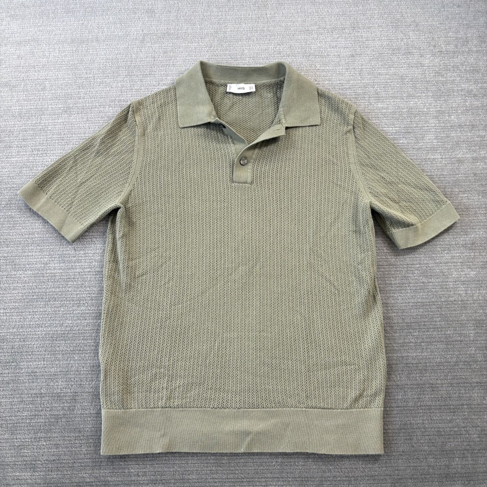 Mango Openwork Knit Cotton Polo Shirt Mens M Olive Green Casual Resort Slim Fit